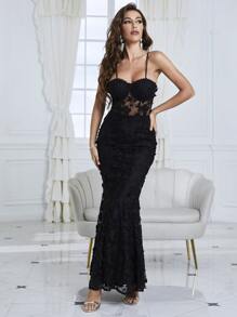 YISIKADO Butterfly Guipure Lace Up Backless Maxi Cami Formal Dress - Black - View 4