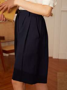 Simple Retro High Waist Bermuda Shorts - Navy Blue - View 4