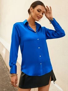 SHEIN BIZwear Camisa con botón delantero de satén ropa de trabajo - azul real - Ver 4