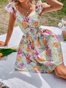 Vestido con estampado floral a capas de manga con volante - Multicolor - Ver 4