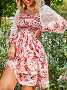 SHEIN LUNE Đầm Dải chun Hoa Tất cả trên in Boho - Đỏ và trắng - Xem 3