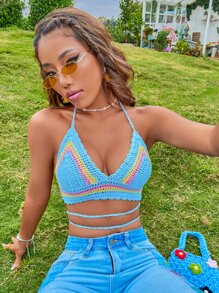 SHEIN Unity Colourblock Backless Criss Cross Knit Top - Baby Blue - View 1