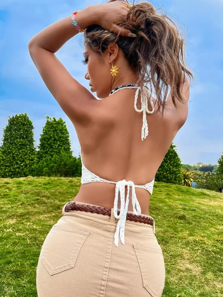 Hand-Crocheted Halter Neck Backless Vest, Pure Manual Hook Lace-Up Sexy Backless Bikini For Vacation