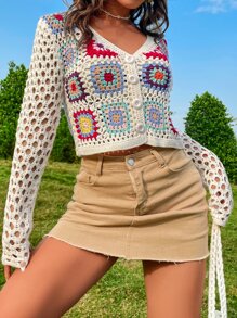 SHEIN Unity Floral Crochet Openwork Cardigan - Beige - View 1