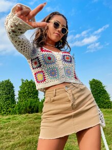 SHEIN Unity Floral Crochet Openwork Cardigan - Beige - View 5