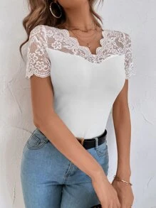 SHEIN Frenchy Camiseta tejida de canalé panel con encaje en contraste - Blanco - Ver 5