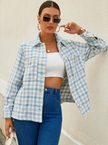 SHEIN Unity Plaid Print Pocket Patched Coat - Blue and White - View 1