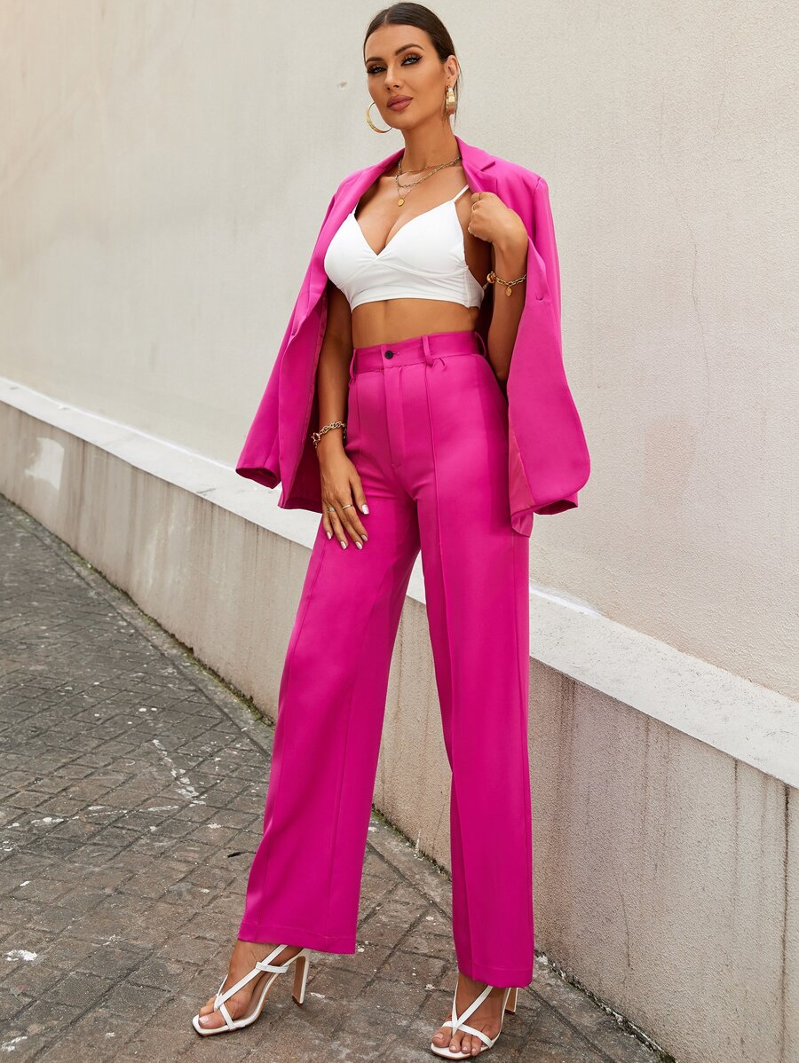 GENKIRA 高腰接縫細節長褲工作服 - 玫紅色 - 查看 1