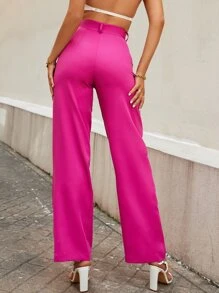 GENKIRA 高腰接縫細節長褲工作服 - 玫紅色 - 查看 2