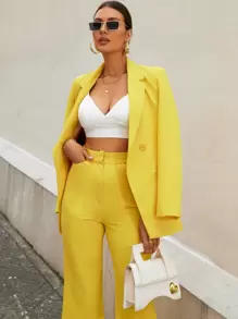 SHEIN Privé Double Button Pocket Detail Blazer - Yellow - View 5