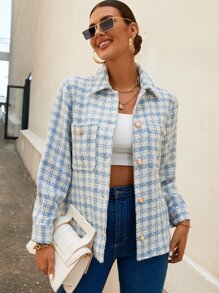 SHEIN Unity Plaid Print Pocket Patched Coat - Blue and White - View 4