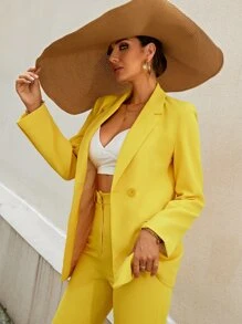 SHEIN Privé Double Button Pocket Detail Blazer - Yellow - View 6