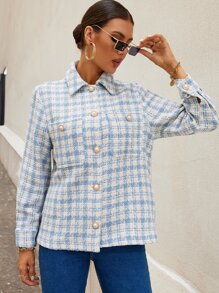 SHEIN Unity Plaid Print Pocket Patched Coat - Blue and White - View 5