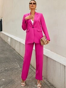 SHEIN Privé 單釦後背開叉西裝外套 - 玫紅色 - 查看 5