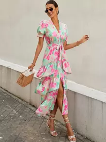 Random Floral Print Puff Sleeve Layered Hem Belted Dress - Multicolor - View 1