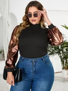 taglie forti Top color block a costine - nero - Visualizzare 1