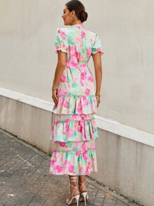 Random Floral Print Puff Sleeve Layered Hem Belted Dress - Multicolor - View 2