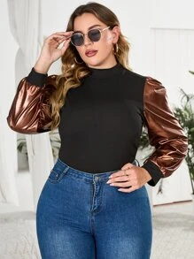 taglie forti Top color block a costine - nero - Visualizzare 4