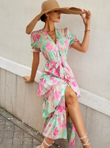 Random Floral Print Puff Sleeve Layered Hem Belted Dress - Multicolor - View 5