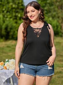 Áo hai dây Plus Size Tương phản ren Thắt nút màu trơn Giải trí - màu đen - Xem 4