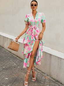 Random Floral Print Puff Sleeve Layered Hem Belted Dress - Multicolor - View 6