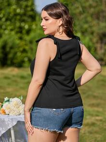 Áo hai dây Plus Size Tương phản ren Thắt nút màu trơn Giải trí - màu đen - Xem 2