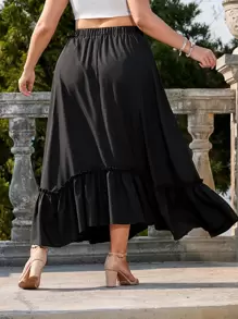 大碼高腰荷葉邊超長半身裙 - 黑色 - 查看 2