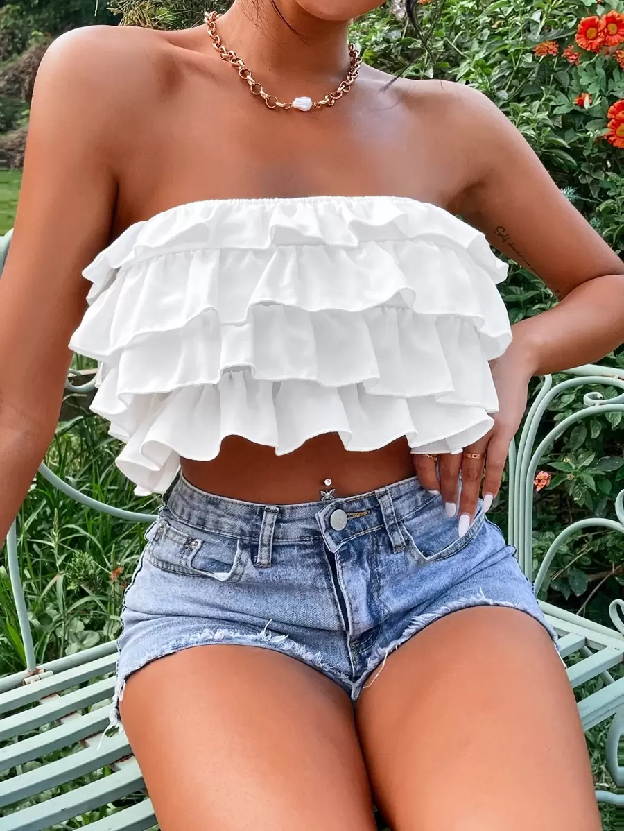 SHEIN PETITE Áo nữ Xù phân lớp màu trơn Gợi cảm - trắng - Xem 1