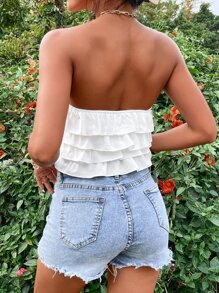 SHEIN PETITE Áo nữ Xù phân lớp màu trơn Gợi cảm - trắng - Xem 2