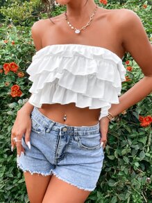 SHEIN PETITE Áo nữ Xù phân lớp màu trơn Gợi cảm - trắng - Xem 4