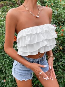 SHEIN PETITE Áo nữ Xù phân lớp màu trơn Gợi cảm - trắng - Xem 5