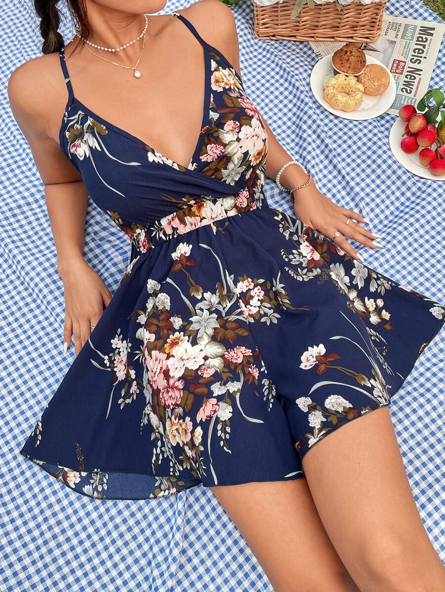 SHEIN VCAY Floral Print Cami Romper - Navy Blue - View 1