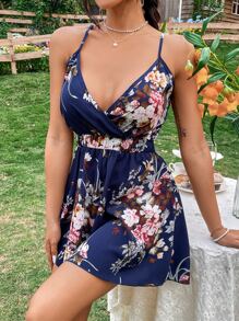 SHEIN VCAY Floral Print Cami Romper - Navy Blue - View 5