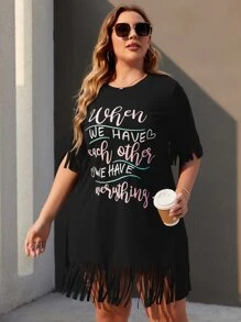 SHEIN LUNE Plus Slogan Graphic Fringe Hem Longline Tee - Black - View 1