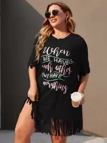SHEIN LUNE Plus Slogan Graphic Fringe Hem Longline Tee - Black - View 4