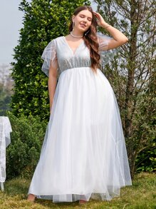 SHEIN Belle Plus Contrast Sequin Mesh Overlay Butterfly Sleeve Maxi Wedding Dress - White - View 4