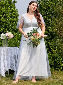 SHEIN Belle Plus Contrast Sequin Mesh Overlay Butterfly Sleeve Maxi Wedding Dress - White - View 5