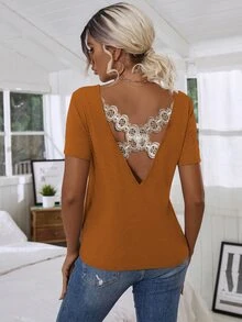 Floral Lace Crisscross Tee - Brown - View 2