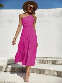 SHEIN Unity One Shoulder Ruffle Hem Dress - Pink - View 1