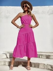 SHEIN Unity One Shoulder Ruffle Hem Dress - Pink - View 4