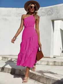 SHEIN Unity One Shoulder Ruffle Hem Dress - Pink - View 5