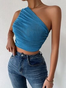SHEIN Privé Top corto de un hombro fruncido lateral - Azul - Ver 3