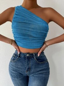 SHEIN Privé Top corto de un hombro fruncido lateral - Azul - Ver 5