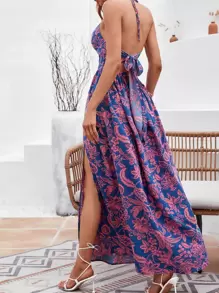 Breezaya 熱帶圖案前扭結鏤空高衩吊帶連衣裙 - 彩色 - 查看 2
