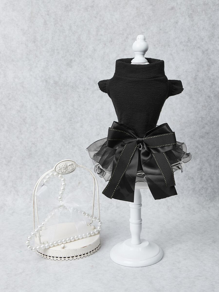 nicovaer 1pc Black Organza Skirt-Trimmed Handmade Big Bowknot Butterfly Sleeve Pet Pullover Dress, Suitable For Cat/Dog, Wedding/Everyday Wear - Black - View 1