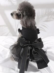 nicovaer 1pc Black Organza Skirt-Trimmed Handmade Big Bowknot Butterfly Sleeve Pet Pullover Dress, Suitable For Cat/Dog, Wedding/Everyday Wear - Black - View 3
