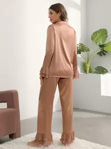 Côtesoire Notch Collar Satin Top And Ruffle Hem Pants PJ Set / Pajama Set, Fall Winter Clothes Cozy And Elegant Details - Apricot - View 2