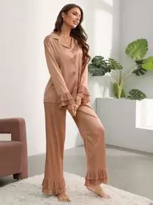 Côtesoire Notch Collar Satin Top And Ruffle Hem Pants PJ Set / Pajama Set, Fall Winter Clothes Cozy And Elegant Details - Apricot - View 3