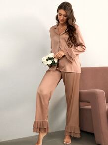 Côtesoire Notch Collar Satin Top And Ruffle Hem Pants PJ Set / Pajama Set, Fall Winter Clothes Cozy And Elegant Details - Apricot - View 4
