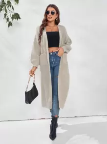 SHEIN Privé Lantern Sleeve Cardigan Without Belt - Khaki - View 1